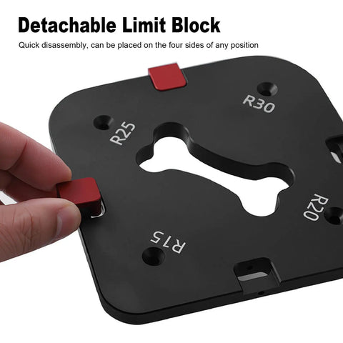 Top Shelf Aluminum Corner Radius Template Set R15 Through R50 Router Table Edge Shaper showing detachable limit block for precision cuts.