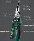 Four In One Wire Stripping And Testing Pliers With Digital LCD Display For Cutting Stripping And Crimping Plus Voltage Tester Check This Pro Grade Multi Functional Electrician Tool For Home Wiring Automotive Repair And DIY Projects Green, green rubber-coated handle, digital voltage testing