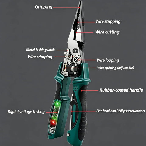 Four In One Wire Stripping And Testing Pliers With Digital LCD Display For Cutting Stripping And Crimping Plus Voltage Tester Check This Pro Grade Multi Functional Electrician Tool For Home Wiring Automotive Repair And DIY Projects Green, green rubber-coated handle, digital voltage testing
