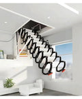 Hassle Free Heavy Duty Electric Attic Pull Down Ladder Featuring Smart Remote Operation Telescoping Folding Loft Staircase Ceiling Mount Holds Up To 1102 Pounds Smoothly, showing steps and remote setup.