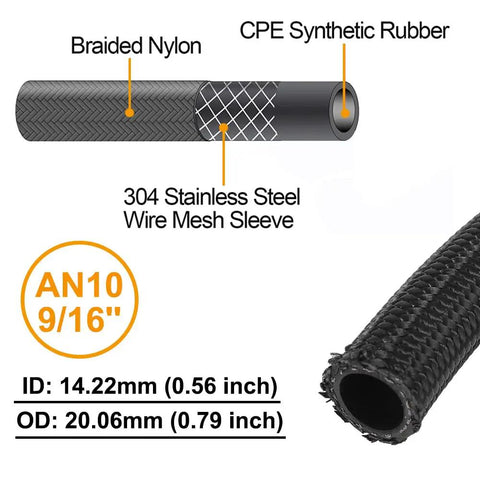 10AN Transmission Cooler Braided Hose, 10 Ft High Pressure Fuel Line with nylon core, stainless steel braid, and CPE rubber