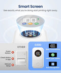Slick Mini Bluetooth Label Maker With Five Colorful Tapes And Smart LED Display For Quick Organizing showing smart screen and battery status.