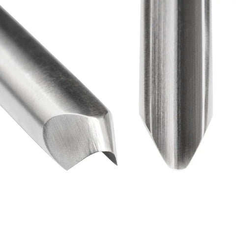 Close-up of razor-sharp steel blades from the Built Tough Four Piece HSS Bowl Gouge Set for heavy duty lathe work.
