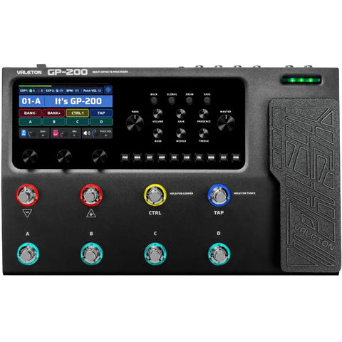 Front view of GP-200 Multi Effects Pedal For Guitar And Bass With Amp Modeling IR Loader Expression Pedal and interface display