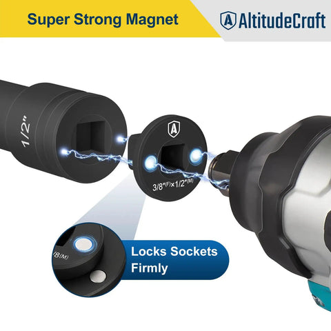 Low Profile Impact Socket Adapter Set For Tight Spaces Lets You Convert Drive Sizes From Three Eighths To Half Inch And From One Quarter To Three Eighths And From Three Quarters To One Inch And From One Half To Three Quarters Four Pack For Pros showing magnetic lock feature