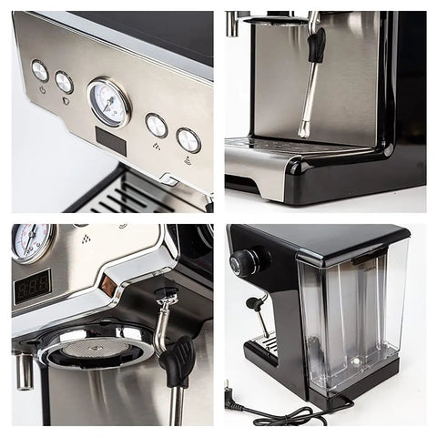 Chill Barista Vibes Semi Automatic Espresso Machine With Integrated Steam Wand, detailed front and side views showcasing controls.