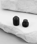 Black R8 spindle alignment screws for Bridgeport milling machines, 6x6mm and 6x8mm sizes, shown on stone surface.