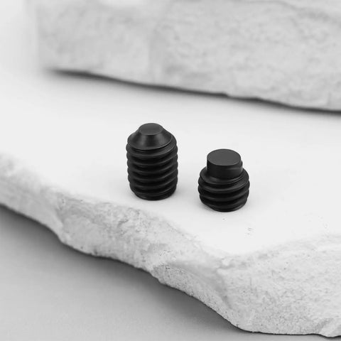 Black R8 spindle alignment screws for Bridgeport milling machines, 6x6mm and 6x8mm sizes, shown on stone surface.