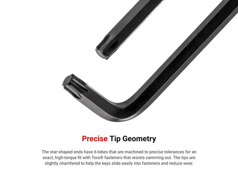 Close-up of Star L Key Set T6 to T50 with precise tip geometry for high leverage in mechanical repairs and bike maintenance.