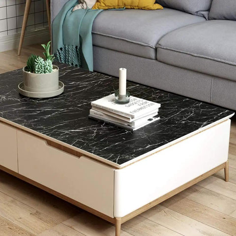 Coffee table with Black Marble Peel And Stick Countertop Paper 36x160 Inches Self Adhesive Vinyl Film top in living room.