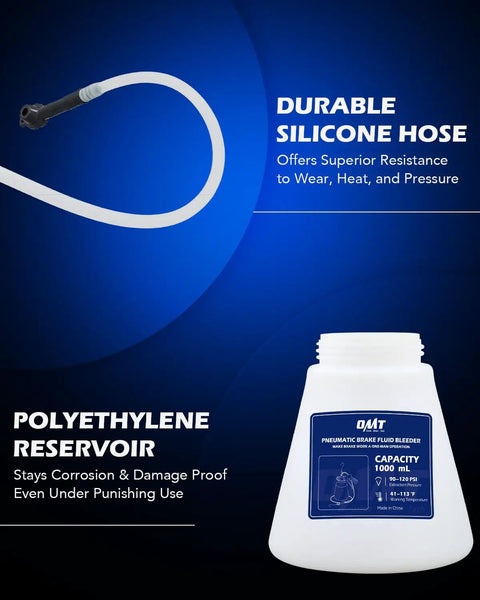 Durable silicone hose and polyethylene reservoir of One Person Brake Bleeder Kit With 1.06 Quart Reservoir And Vacuum Fluid Extractor