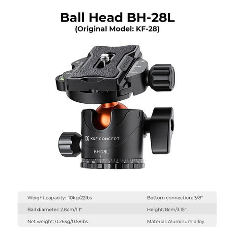Ball head BH-28L for Ultra High 90 Inch Camera Tripod Kit With Flexible Legs And Patent Gimbal, aluminum alloy, 22lb load