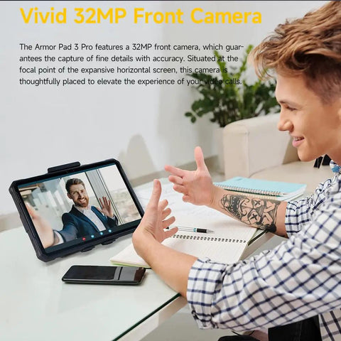 Badass Rugged Tablet Running Android Thirteen With Sixteen Gb Ram And Two Fifty Six Gb Storage Encased In A Rock Solid Ip Six Eight Shell Designed For Daily Grind And Outdoor Adventures While Packing Thirty Three Two Eight Zero Mah Battery With Quick displaying vivid 32MP front camera during video call.