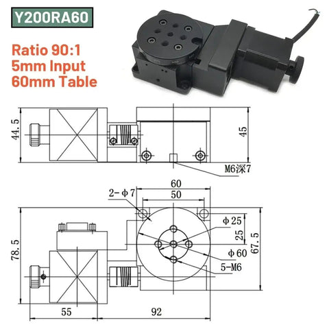 Motorized Rotary Table CNC Hollow Platform Positioner For Robotic Arm 0.6Nm Kit, 60mm Pro-grade, with dimensions and design.