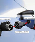 SAE J1772 charger and Tesla charging port with J1772 to Tesla adapter for electric vehicle compatibility.
