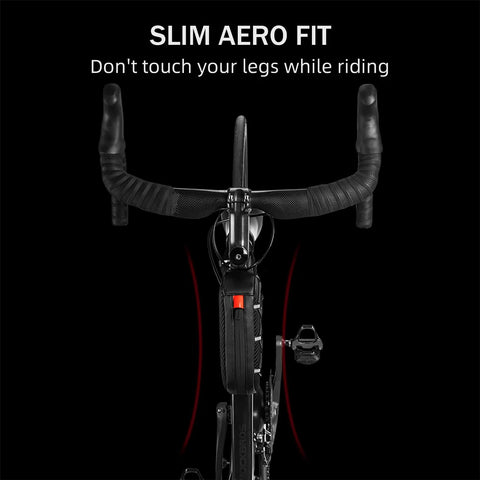 Ride Ready Front Frame Bag For Bikes With Large Capacity Main Compartment, slim aero fit on black bicycle, top tube placement