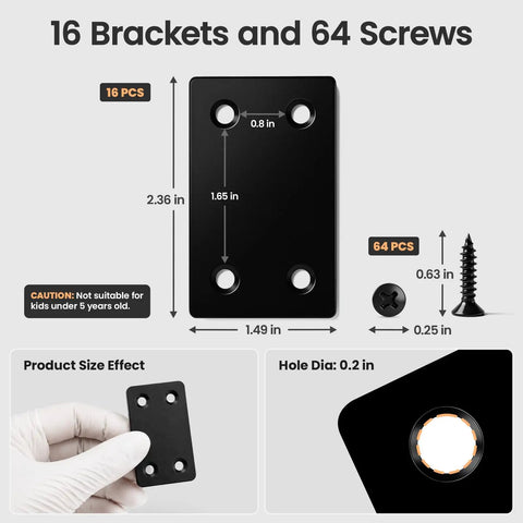 Beefy Black Metal Flat Brace Set 16 Pcs With 64 Stainless Steel Screws dimensions and size comparison for wood fixing