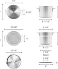Dimensions and components of 8 Qt Aluminum Double Boiler Pot With Cover For Chocolate Melting Fondue Candy Cheese Desserts And Specialty Sauces Mirror Finish Pro Grade Heavy Gauge 3003 Aluminum With Sturdy Welded Loop Handles.