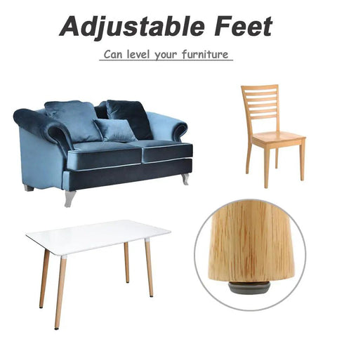 30 Piece Adjustable Furniture Leveler Pads to Kick the Wobble Out of Your Tables and Dressers with Scratch Proof Plastic Discs and No Stress M6 Threads for a Sweet Home Setup shown on various furniture.