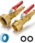 RV Winterize Blowout Adapter With One Quarter Inch Quick Connect Plug And Three Quarter Inch Garden Water Hose Threading For Boat Camper Trailer Sprinkler Systems Irrigation Kit Fitting With Valve Brass Construction, showing two brass adapters with red handles and rubber seals.