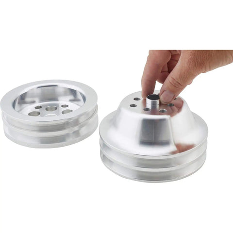 One To One Pulley Combo For SBC Short Water Pump with CNC aluminum double groove pulleys shown in silver, hand adjusting part.