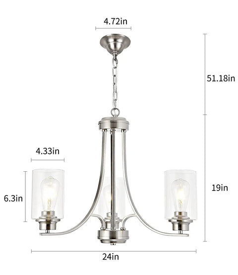 Three-Light Brushed Nickel Chandelier With Clear Glass Shades, Modern Farmhouse Pendant Lighting, showing dimensions and chain.