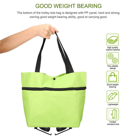 2 In 1 Foldable Shopping Cart With Wheels And Waterproof Tote, green tote with black straps, lightweight and durable for travel