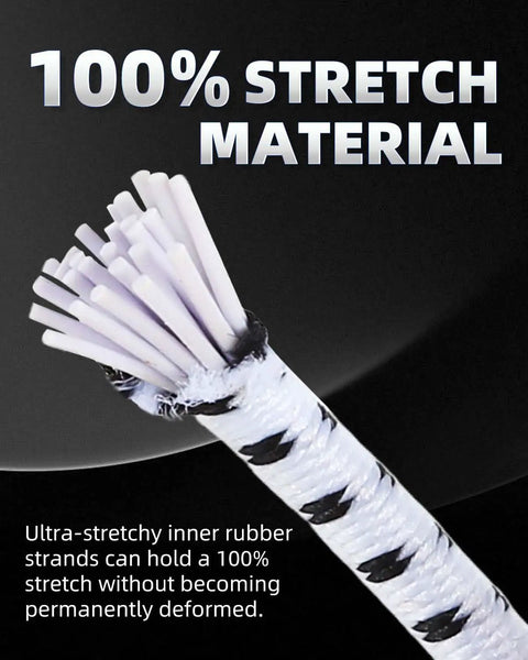 Cross-section of 1/8 Inch By 100 Feet Bungee Cord Elastic Shock Cord showing white latex core and black trace design, high strength.