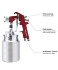 Pro Grade Siphon Feed Paint Sprayer with Red Handle and 34 Oz Cup, 1.8mm Nozzle, showing pattern, fluid, and air pressure controls.
