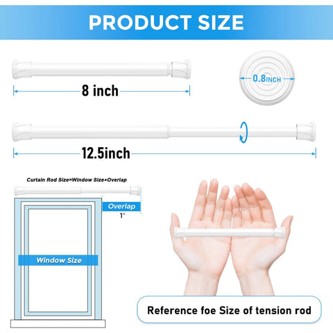 2 Pack Small Spring Tension Curtain Rods 8 To 12 Inch No Drill For Slim Window Cupboards And Closet Sidelights size details