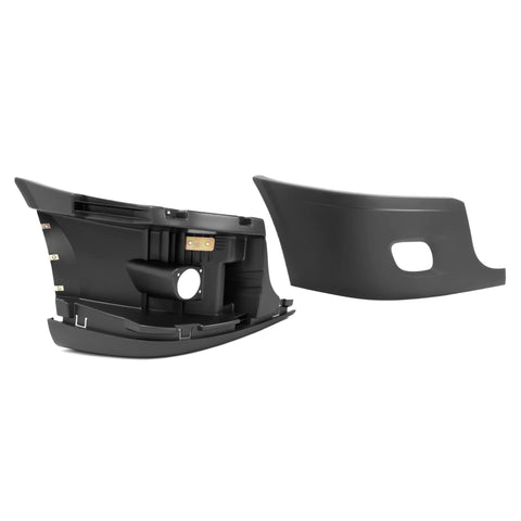 HECASA two-piece front bumper end cap and inner reinforcement, black plastic, passenger-side for Freightliner Cascadia.