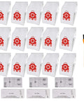Miele Type FJM AirClean 3D Efficiency Canister Vacuum Bags 15 Pack with red filter pattern and cleaning tool