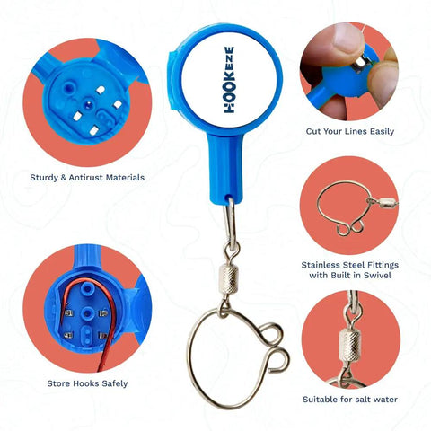Knot Tying Tool For Safe Tackle With Hook Guard Cover And Built In Line Cutter, blue multifunction fishing accessory with features