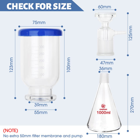 1000ml Glass Vacuum Filtration Rig With 300ml Graduated Funnel and dimensions for quick lab filtration and distillation tasks