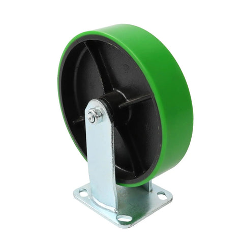 Rock Solid Eight Inch Polyurethane Wheel Plate Casters featuring polished galvanized steel hub on a green 8 inch wheel.
