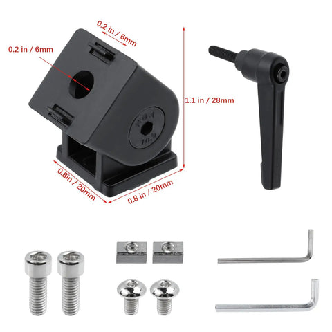 Four Piece 2020 Series Aluminum Extrusion Profile Connector Set In Black Zinc Alloy With Screws And Nuts And Hex Wrenches For 6mm T Slot And 20x20mm Frames Built For DIY Projects.