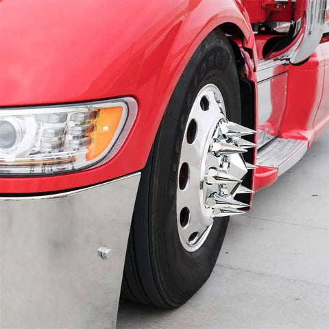 Chrome Spiked 33mm Screw On Lug Nut Covers Set Of 20 For Semi Trucks Universal Fit for Volvo VNL International Peterbilt Kenworth Mack Freightliner Cascadia Columbia M2 FLD Lug Nut Covers installed on truck wheel