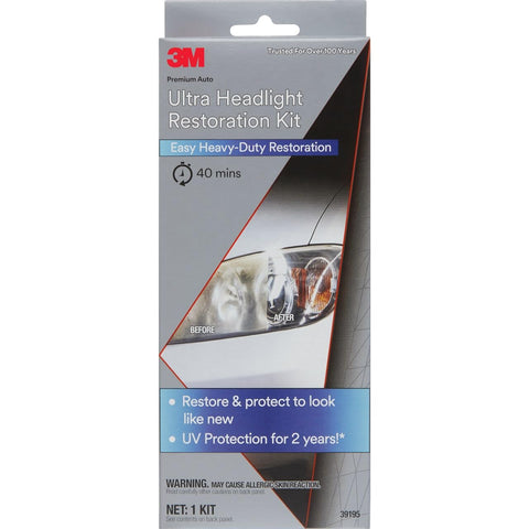 Ultra Headlight Restoration Kit box with before and after headlight images, featuring easy heavy-duty restoration for plastic lenses.