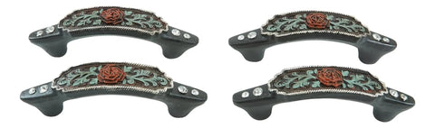 Hella Charismatic Six Inch Wide Set Of Four Western Red Rose Cabinet Pulls With Sweeping Green Vine And Lush Scroll Detailing Hand Cast Resin Drawer Handles Rustic Weathered Finish Kitchen Hardware, featuring intricate rose and vine design.