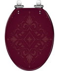 Toilet Seat Elongated Resin for Bathroom features a burgundy finish with ornate design and chrome hinges, ideal for stylish bathrooms.