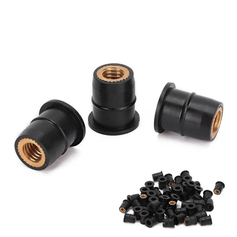Rock Solid Rubber Well Nuts For Street Bikes And Atvs M6x0.8mm Thread 50 Piece Windscreen Fairing Hardware Captive Brass Core close-up view