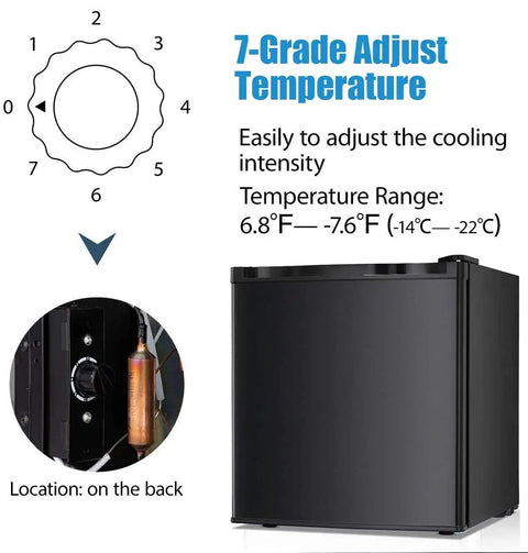 Straight Up Chilling 1.1 Cubic Foot Upright Mini Freezer With Reversible Single Door showing 7-grade temperature dial and location.