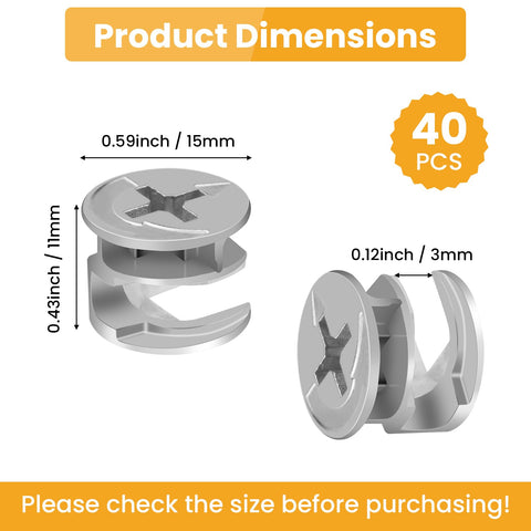 Cam Lock Fasteners Set For Cabinets And Wardrobes, 40 Pcs 15mm By 11mm Zinc Alloy Nickel Plated Cam Lock Nuts Dimensions