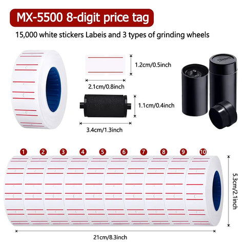 Eight Digit Price Tag Gun Kit With Five Thousand Labels And Three Ink Refills, measurement details shown