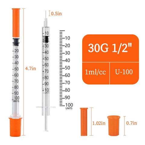 100 Pack 1ml Syringe With 30 Gauge Half Inch Needle Individually Wrapped Pro Grade Lab Supplies For Precision Dosing Easy One Hand Use Smooth Inner Wall Airtight Plunger Ready For Bulk Medical And Scientific Tasks. 1ml 30G syringe with orange cap and 0.5in needle