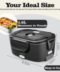 Electric Heated Lunch Box For Adults With 80W Fast Heating And 1.5L Food Grade Stainless Steel Portable Warmer dimensions