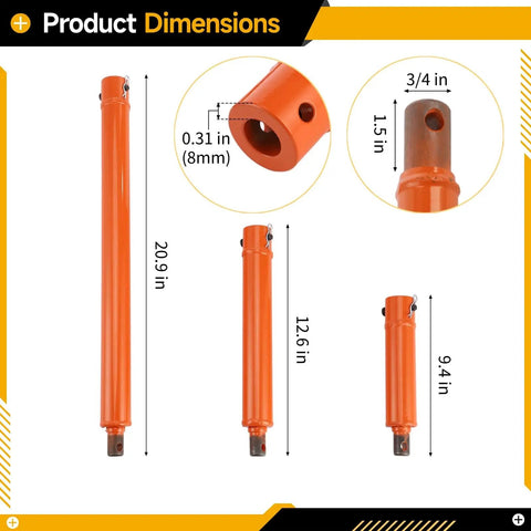 Beefy Heavy Duty Auger Extension Drill Bit Set Three Quarter Inch Thickened Steel Post Hole Digger Extensions 9.4, 12.6, 20.9 Inches