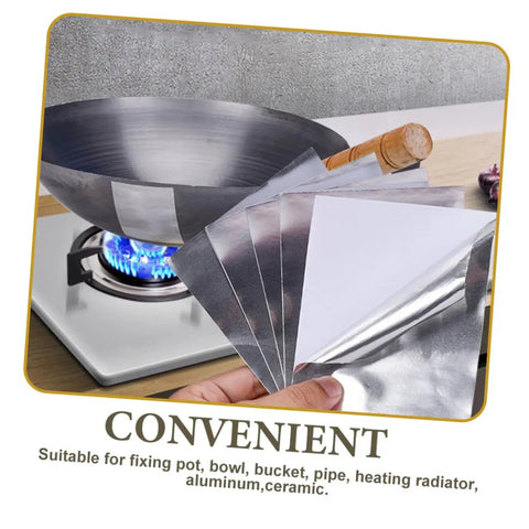 Aluminum Epoxy Patch Tape For Pots And Pans Nonstick Leak Stop Tape 10 Sheets DIY Pot Repair Patch being held by stove
