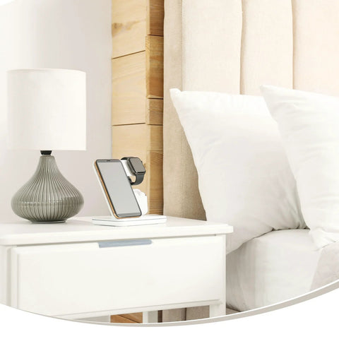 Bedroom setting with nightstand featuring Six-Pack Aluminum Drawer Edge Pulls 3.15 Inch Concealed Tab Handles in brushed grey.