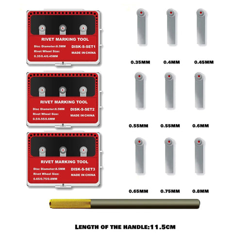 9 Wheel Model Rivet Maker Tool Set With Alloy Handle And 3 Wheel Groups Pro Grade Scribing Kit Universal Detail Embossing For Mecha Aircraft And Tank Scale Modeling Set S123 displayed with interchangeable wheels and alloy handle.